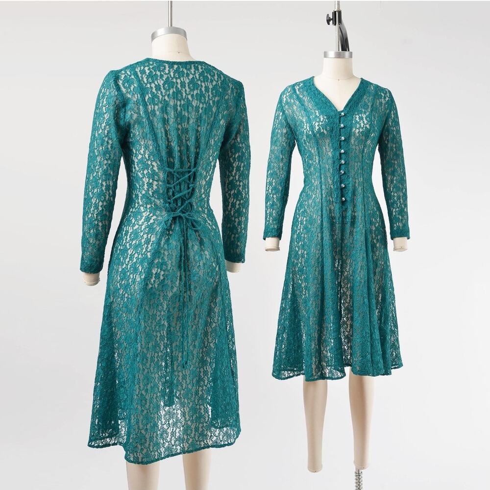 Vintage 90s Green Sheer Lace Corset Back Boho Grunge Dress XS S
